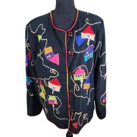 Allure Womens Maximalist Wearable Art Houses Embroidered Blazer Jacket size L - Picture 13 of 13